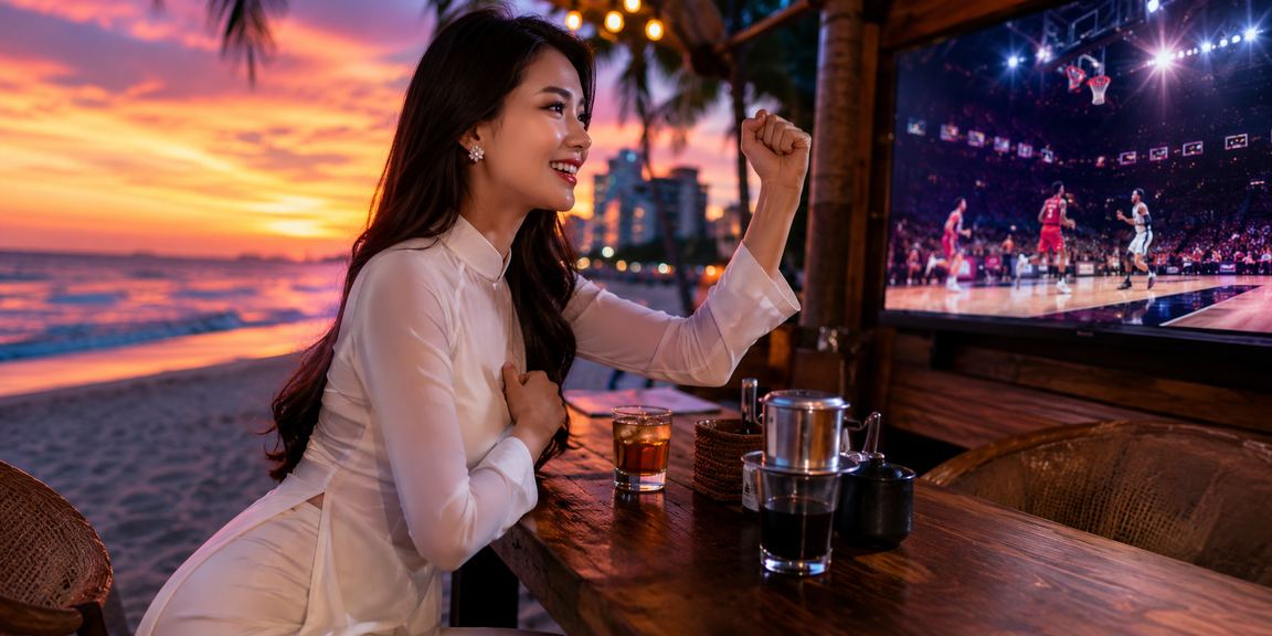 Người phụ nữ mặc áo dài tại Đà Nẵng tham gia đặt cược bóng rổ và nhận voucher